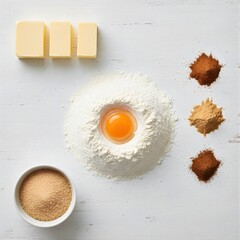 Overhead View of Baking Ingredients with Flour Well and Egg Yolk 