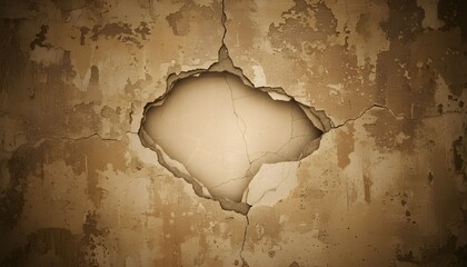 A close-up view of a damaged wall with a large hole in a old and abandoned building interior