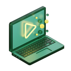 3D Render Green Laptop Icon with Play Button Isolated on Transparent Background for E-Learning and Technology