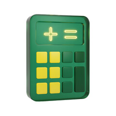 3D Render Green Calculator Icon with Gold Buttons Isolated on Transparent Background for Math and Finance