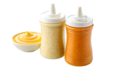 Squeeze bottles with creamy sauces isolated on white background
