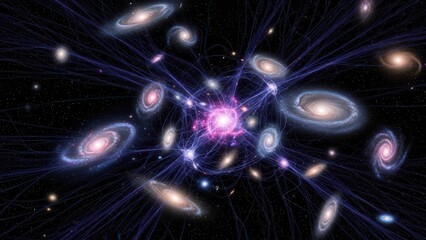 An abstract blue space background features a futuristic fractal design with glowing stars and swirling energy waves across a dark universe backdrop