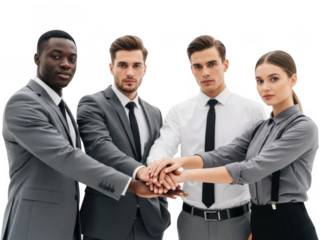 Diverse group of business professionals stacking hands in unity and teamwork on transparent background