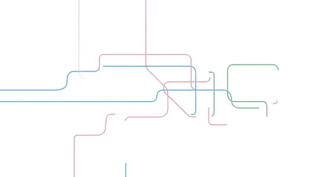 Abstract minimalist graphic displays intersecting colored lines resembling a simplified transit network on a bright white background perfect for modern corporate branding or technology concepts.