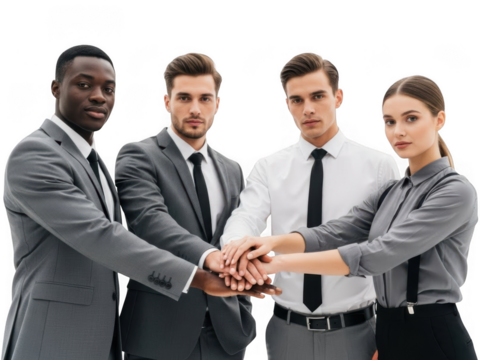 Diverse group of business professionals stacking hands in unity and teamwork on transparent background - Powered by Adobe