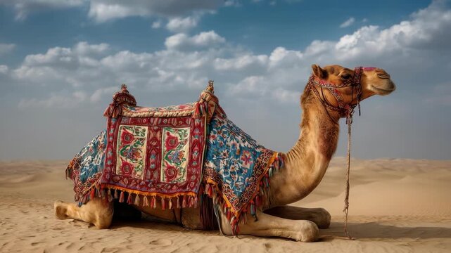 Dromedary Camel with Embellished Saddle Reclines in Sandy Desert Under Blue Sky and Cloudscape in Radiant Light