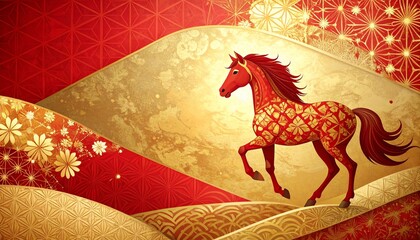 Elegant Japanese New Year illustration for 2026 featuring a red horse adorned with gold patterns, traditional Japanese motifs, parasols, and abstract waves in a festive design style.