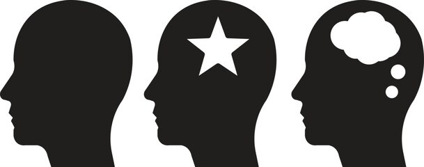 Creative Thinking Concept with Human Heads Featuring Star and Thought Bubbles, Symbolizing Innovation, Mental Clarity, and Cognitive Growth © Rubel