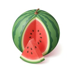Juicy Watermelon Fruit Cut into Halves with a Slice on White Background, Refreshing Summer Snack
