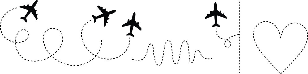 Airplane Silhouette Artwork. Whimsical Flight Paths, Spirals, Curves, Waves, Heart Shape, Romantic Travel Journey, Aviation Motion, Black Vector Graphic Design