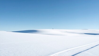 Minimal winter landscape featuring a vast snowy field under a clear pale blue sky with two distant trees standing quietly on the horizon, ideal for backgrounds, design space and nature themes