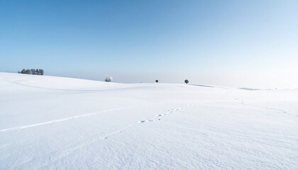 Minimal winter landscape featuring a vast snowy field under a clear pale blue sky with two distant trees standing quietly on the horizon, ideal for backgrounds, design space and nature themes