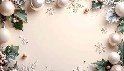 Elegant Christmas flat lay background with holly leaves, pastel snowflake ornaments, white and gold baubles, and minimal natural design space for text and seasonal messages.
