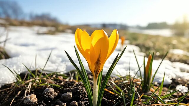 First yellow crocus flower bud opens slowly in melting snow under bright sunlight