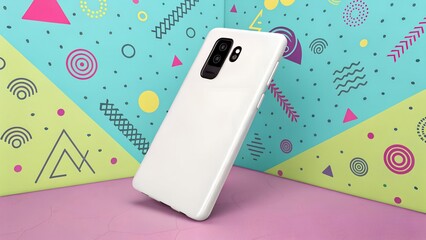 Blank White Smartphone Back Case Mockup Floating on Colorful Memphis Background