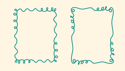 Rectangular doodle frame stamp, hand-drawn wavy curly engagement monograms. Edgings and cadres with simple sketchy scribble swirl design photo decoration old-fashioned greeting elements. Isolated. 