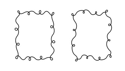 Rectangular doodle frame stamp, hand-drawn wavy curly engagement monograms. Edgings and cadres with simple sketchy scribble swirl design photo decoration old-fashioned greeting elements. Isolated. 