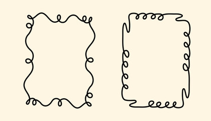 Rectangular doodle frame stamp, hand-drawn wavy curly engagement monograms. Edgings and cadres with simple sketchy scribble swirl design photo decoration old-fashioned greeting elements. Isolated. 