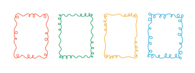 Rectangular doodle frame stamp, hand-drawn wavy curly engagement monograms. Edgings and cadres with simple sketchy scribble swirl design photo decoration old-fashioned greeting elements. Isolated. 