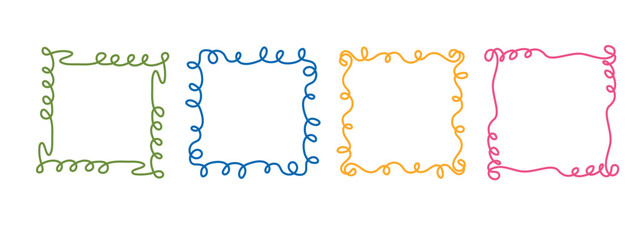 Square doodle frame stamp, hand-drawn wavy curly engagement monograms. Edgings and cadres with simple sketchy scribble swirl design photo decoration old-fashioned greeting elements. Isolated. Vector