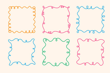 Square doodle frame stamp, hand-drawn wavy curly engagement monograms. Edgings and cadres with simple sketchy scribble swirl design photo decoration old-fashioned greeting elements. Isolated. Vector