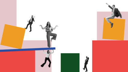 Dynamic composition with business people balancing on abstract geometric shapes on transparent background. Concept of corporate decision making, leadership balance, career growth and business strategy
