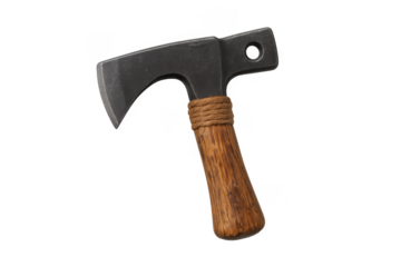 Hand axe tool with wooden handle on transparent background