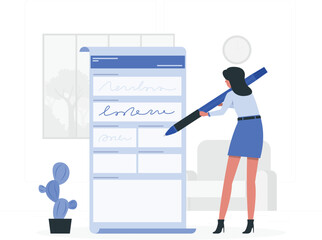 Woman holding large blue pen standing next to wireframe on white background with cactus website desi