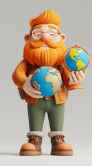 3d Cartoon character of an orange-bearded man holding globe