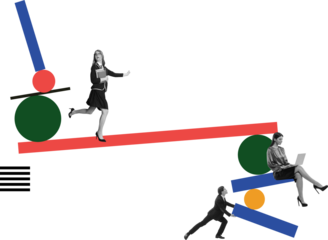 Modern artwork with business people balancing on abstract platforms on transparent background. Concept of performance pressure, leadership responsibility and competitive business environments.