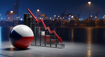 Czech Republic economy decline with downward trend graph and flag