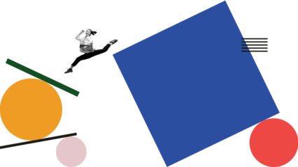 Dynamic mixed media artwork of business people moving along angled geometric paths on transparent background. Concept of workflow change, operational shifts, process transitions in corporate systems.