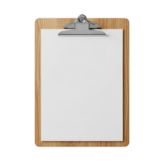 Wooden clipboard with blank paper and silver clip isolated on white background.