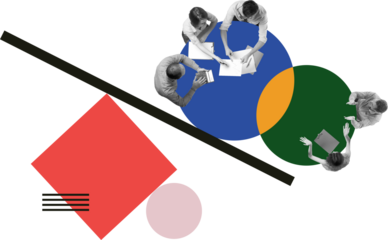 Abstract mixed media artwork of business meeting around geometric shapes on transparent background. Concept of teamwork sessions, strategic discussion and project coordination in modern companies.