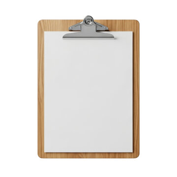 Wooden clipboard with blank paper and silver clip isolated on transparent background.