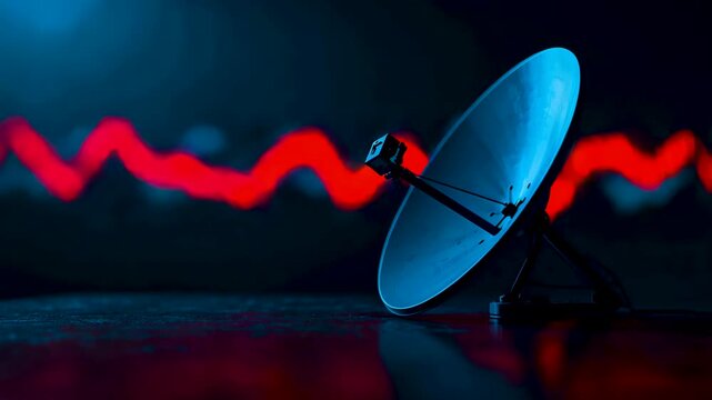 Satellite dish antenna facing red waveform signal against dark studio background