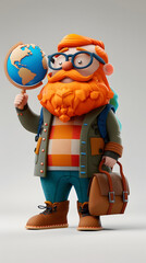 3d Cartoon character of an orange-bearded man holding globe