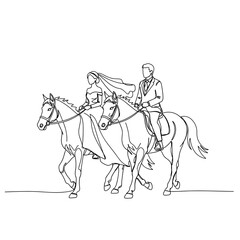 Bride and groom riding horses continuous line art romantic wedding couple on horseback, minimal outline illustration, elegant bridal dress and suit, adventure love and freedom concept image