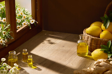 Obraz premium Rustic setup with wooden table, basket of lemon, ginger, herbal oil bottles, and fresh daisy near a window. Empty space for product placement traditional herbal photography style.