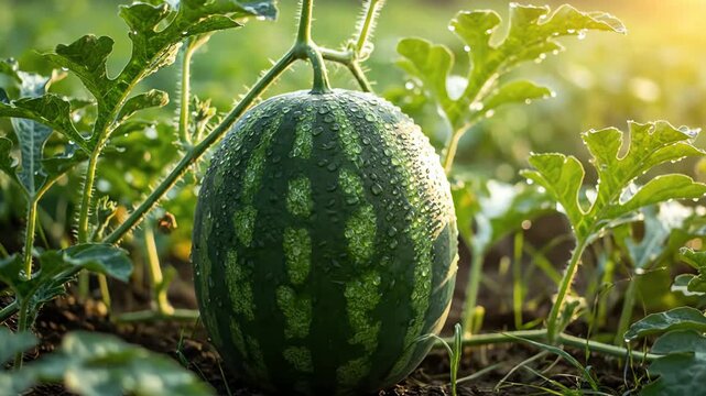 Closeup of a young watermelon hanging on a vine in a lush green garden at sunrise