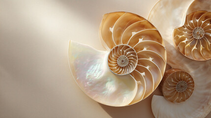 Close-up of nautilus shells with intricate patterns and smooth surfaces. The shells display a natural spiral design and a pearlescent sheen.