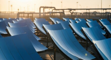 Obraz premium Early morning shot capturing sunlight reflecting off newly installed solar desalination concentrators at an industrial site.