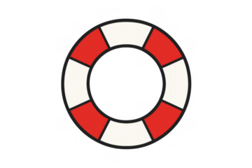 Red and white striped lifebuoy floating, symbolizing help, protection, and security. Item for marine safety on a transparent background