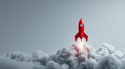 Red Rocket Launching Through Clouds with Bright Exhaust Flame