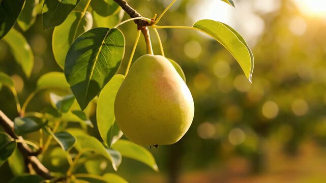 Ripe pear hanging from a tree branch bathed in warm golden sunlight in an orchard
