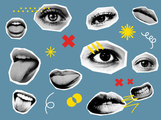 Retro Halftone Eyes and Mouth Collage Stickers Set