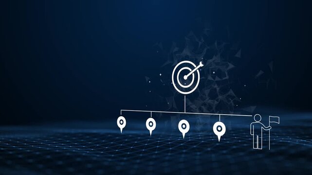 pointing at target icon on virtual roadmap interface. Concept of business planning, goal setting, strategic roadmap, project milestones, and success path in digital transformation.