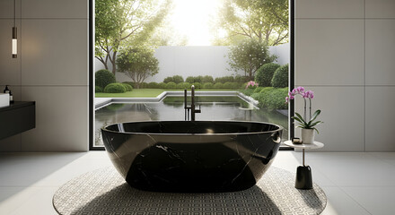 Luxurious modern bathroom interior featuring a sleek black freestanding bathtub, offering a serene view of a lush outdoor garden with a tranquil pond, illuminated by abundant natural daylight