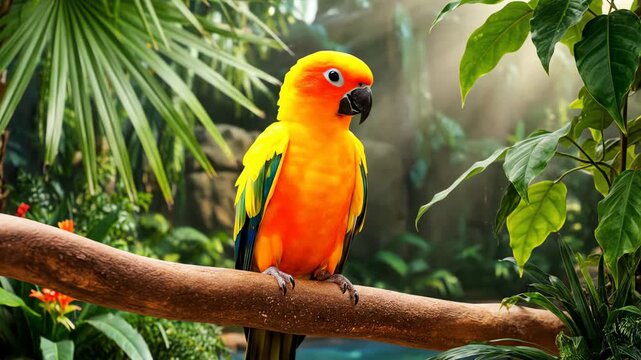 Vibrant Yellow and Orange Sun Conure Bird Perched on a Tree Branch in a Lush Tropical Jungle
