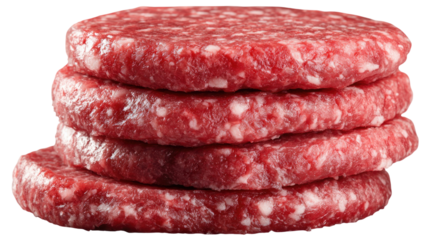Raw beef burger patties stacked fresh minced meat texture closeup food photography studio shot isolated on white background